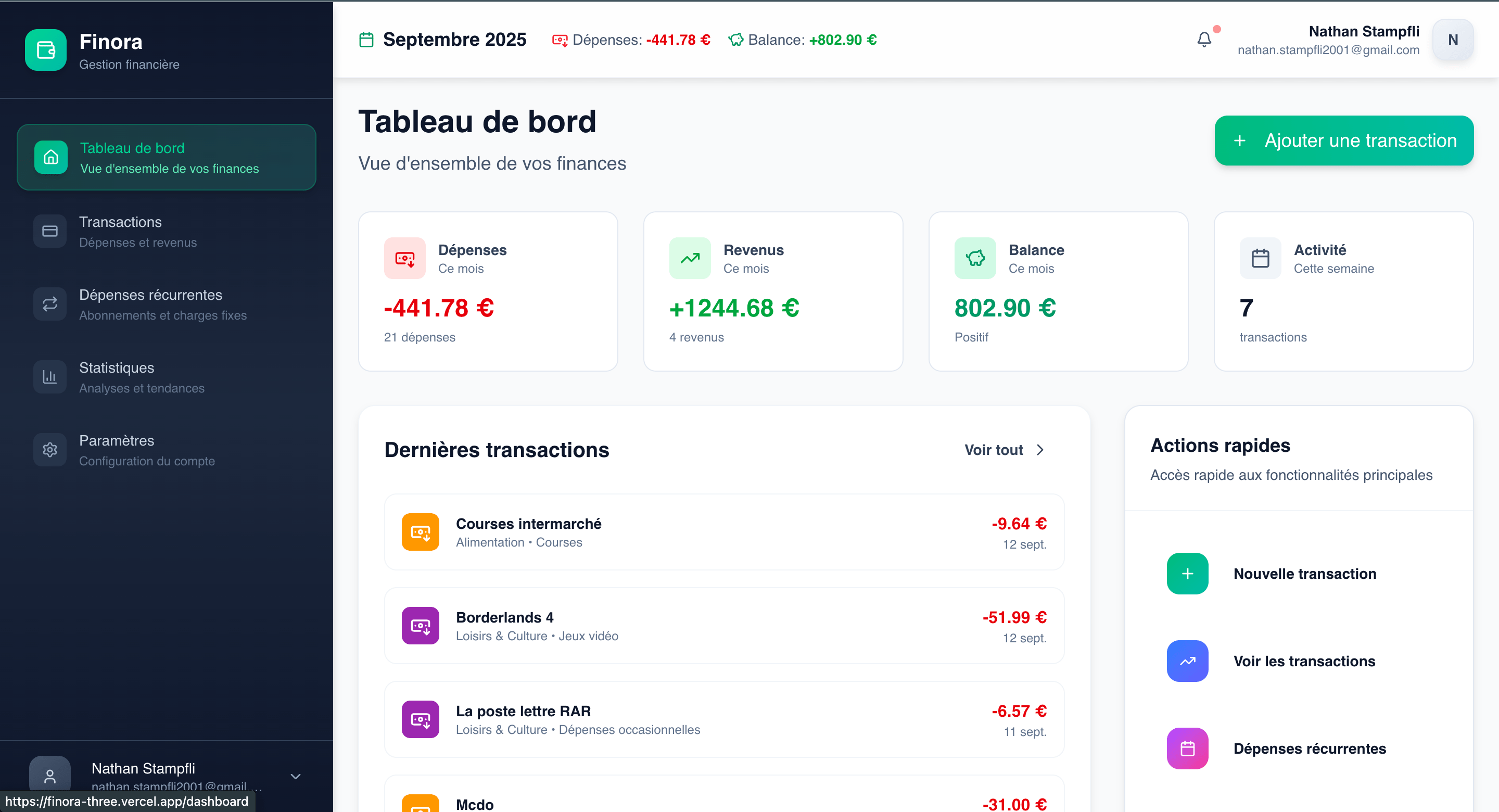 Finora Dashboard - Projet développé par Nathan STAMPFLI